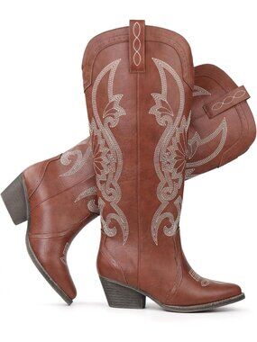 Women’s Brown Knee High Cowboy Boots Pointed Toe Embroidered Block Heel